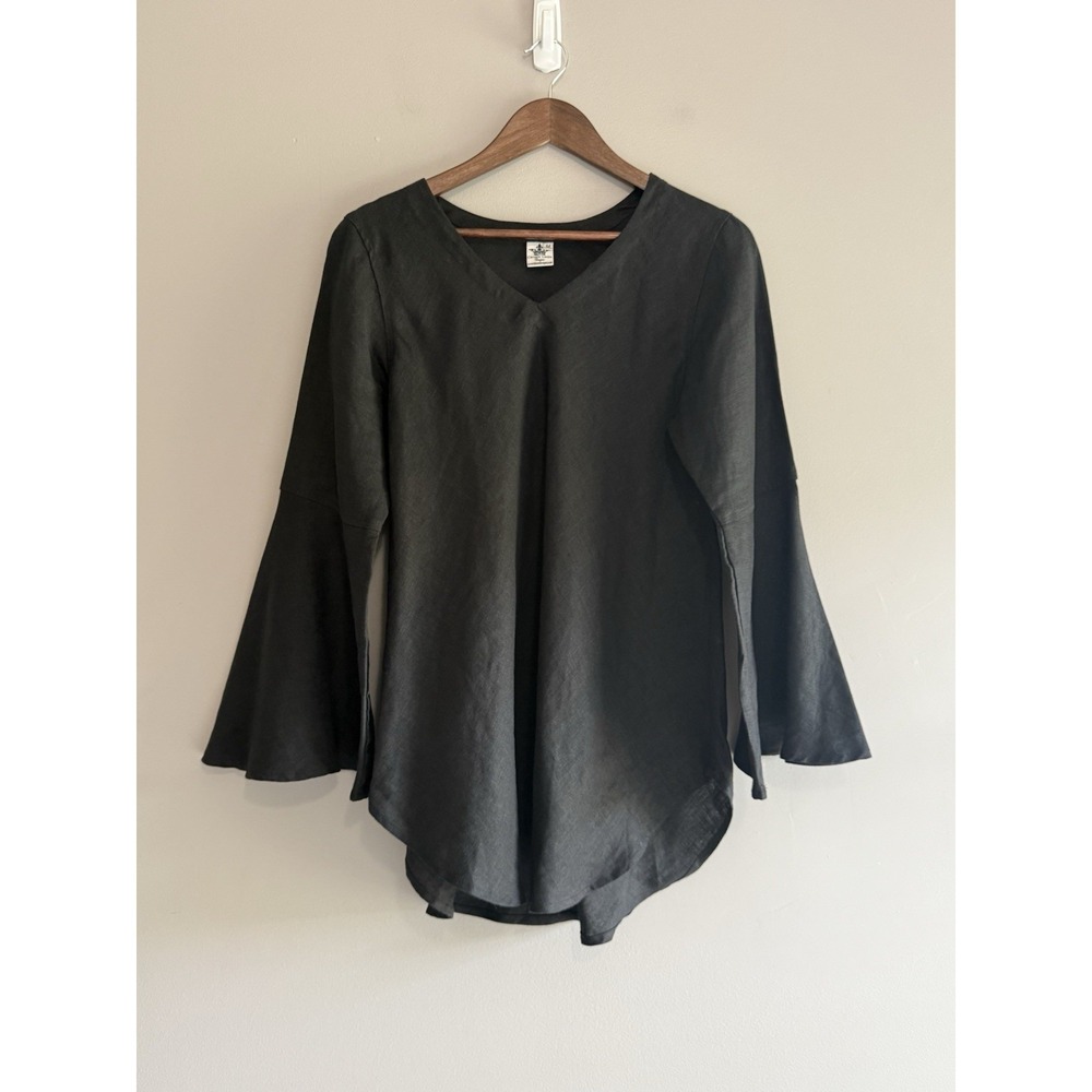 Crown Linen Designs Linen Top Bell Sleeve Black Tunic V Neck Beach Lagenlook M - Picture 2 of 15